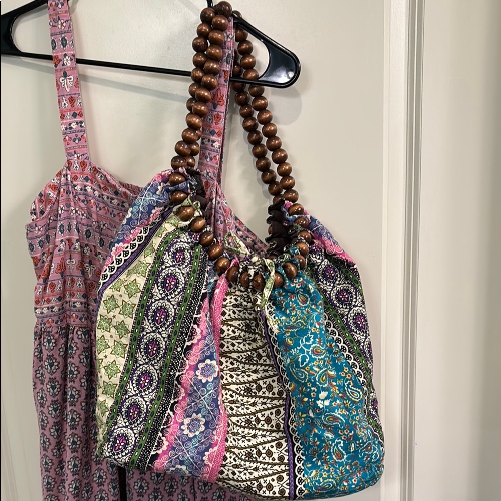 Bohemian Patchwork Tote Bag with Wooden Beads